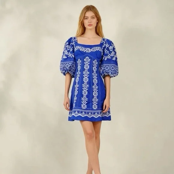 FARM Rio Tropical Printed Blue Euroflax Premium Linen Mini Dress Size Medium NWT - Picture 13 of 13